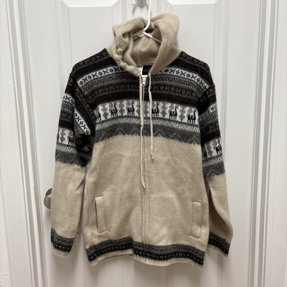 Vintage Alpaca Full Zip Hooded Sweater Gray Made by Artisans in Ecuador Tribal - Picture 1 of 9